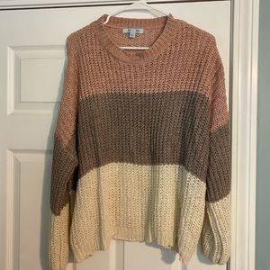 Tri color knit long sleeve sweater